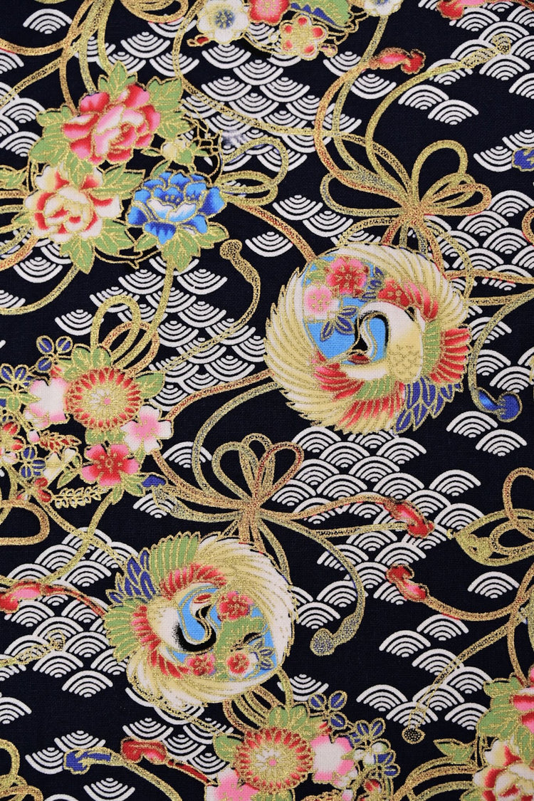 Traditional East Asian Cranes/Fans/Florals - Plain Weave Cotton - Black