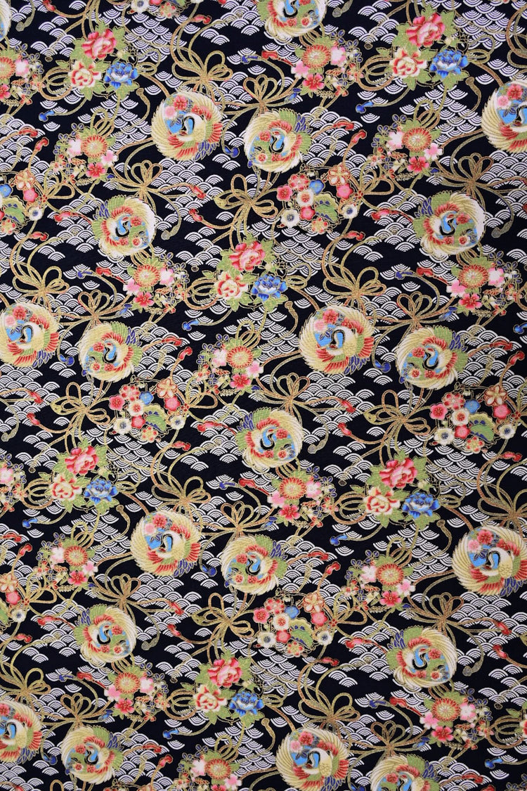 Traditional East Asian Cranes/Fans/Florals - Plain Weave Cotton - Black