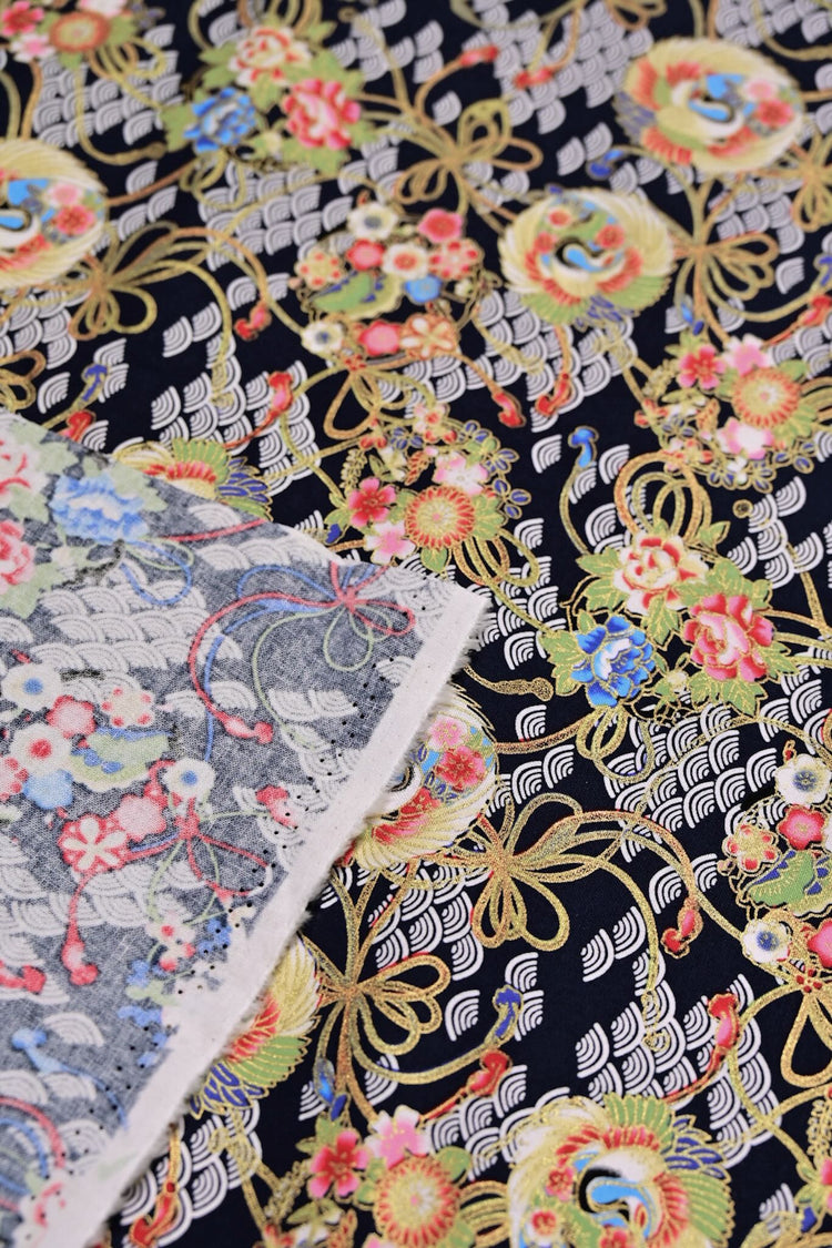 Traditional East Asian Cranes/Fans/Florals - Plain Weave Cotton - Black