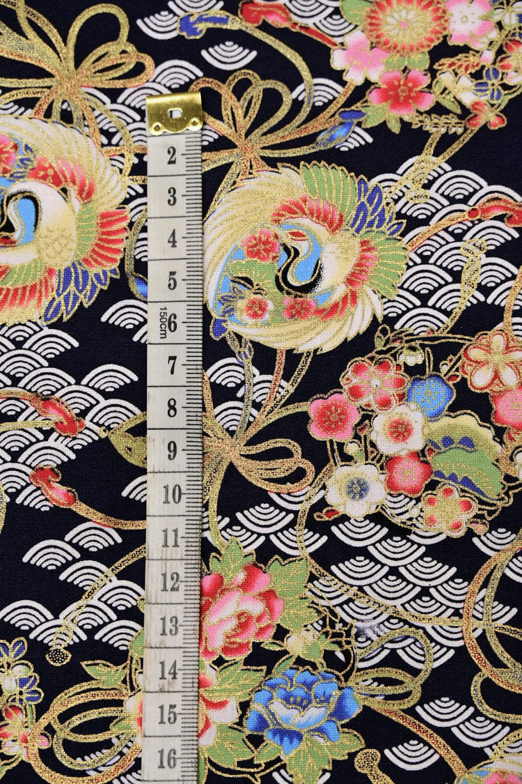 Traditional East Asian Cranes/Fans/Florals - Plain Weave Cotton - Black