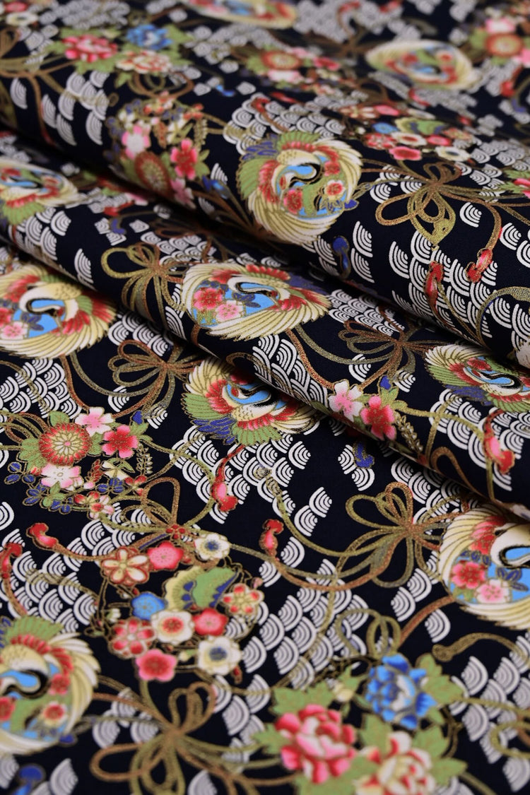 Traditional East Asian Cranes/Fans/Florals - Plain Weave Cotton - Black