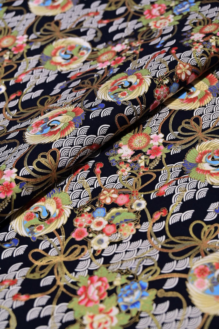 Traditional East Asian Cranes/Fans/Florals - Plain Weave Cotton - Black