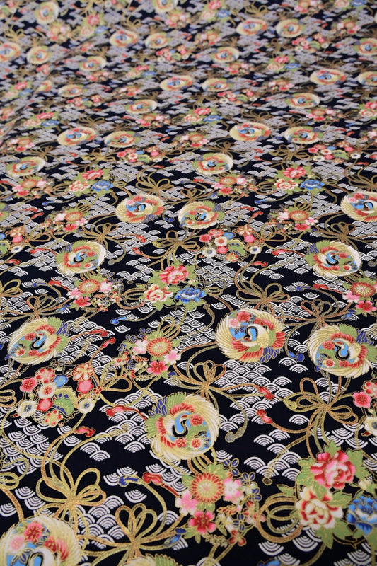 Traditional East Asian Cranes/Fans/Florals - Plain Weave Cotton - Black