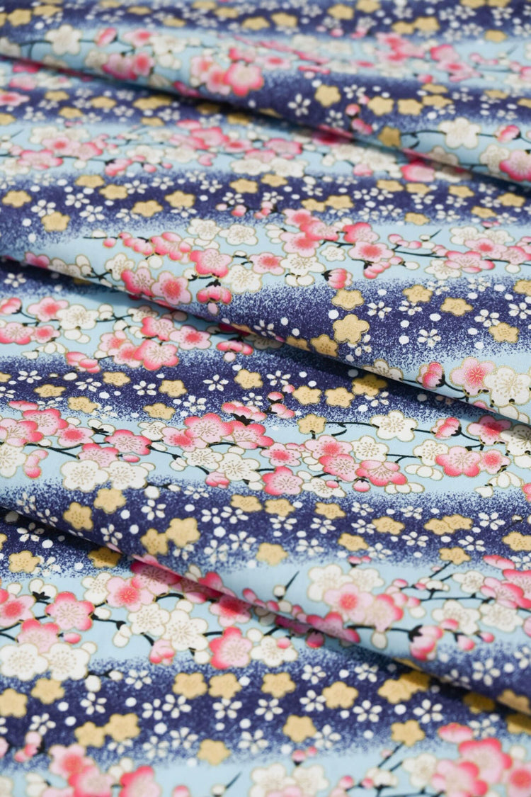 Cherry Blossom Stripe - Plain Weave Cotton - Blue/Pink/Yellow