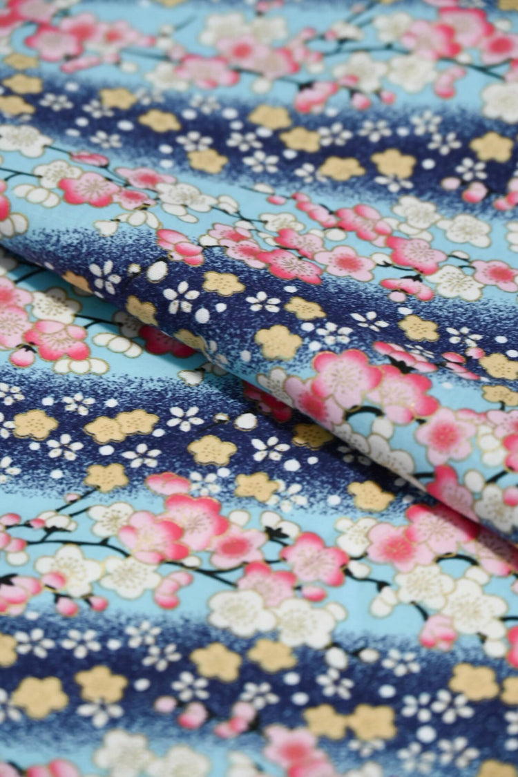 Cherry Blossom Stripe - Plain Weave Cotton - Blue/Aqua/Pink/Yellow