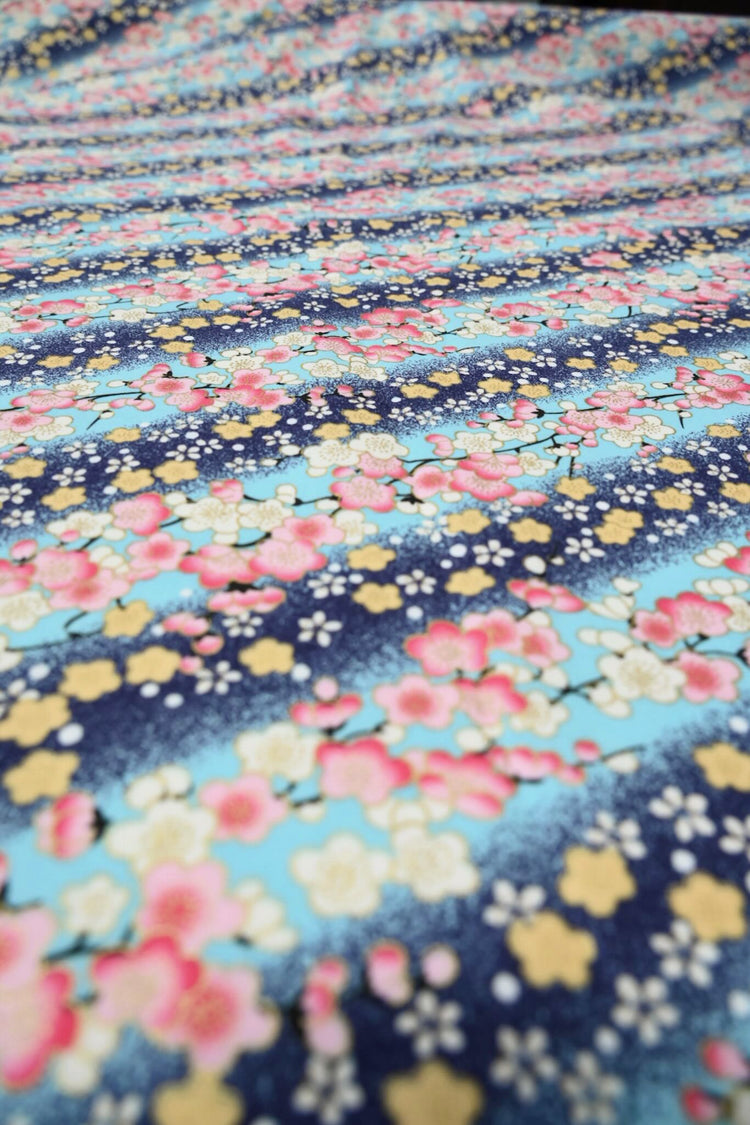 Cherry Blossom Stripe - Plain Weave Cotton - Blue/Pink/Yellow