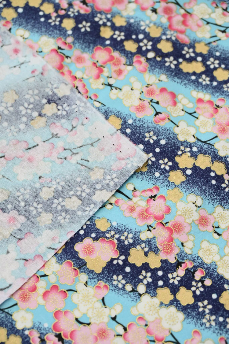 Cherry Blossom Stripe - Plain Weave Cotton - Blue/Aqua/Pink/Yellow