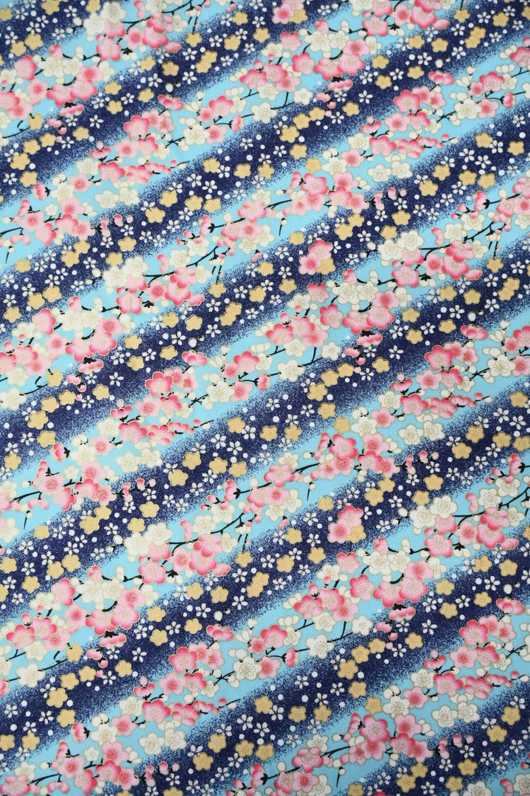 Cherry Blossom Stripe - Plain Weave Cotton - Blue/Pink/Yellow