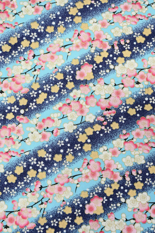 Cherry Blossom Stripe - Plain Weave Cotton - Blue/Pink/Yellow