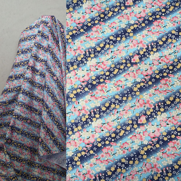 Cherry Blossom Stripe - Plain Weave Cotton - Blue/Pink/Yellow