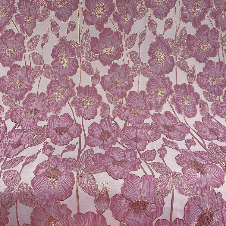Hibiscus Motif Ripple Brocade - Metallic - White/Gold/Pink