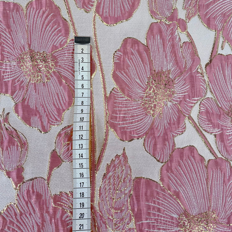 Hibiscus Motif Ripple Brocade - Metallic - White/Gold/Pink