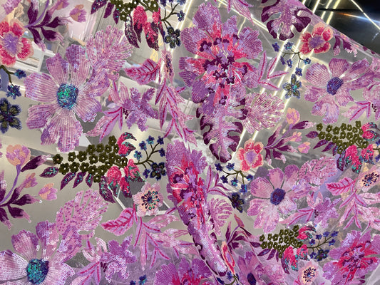 Floral Bouquet Motif Sequined Tulle - Violet/Deep Pink/Thistle/Moss Green