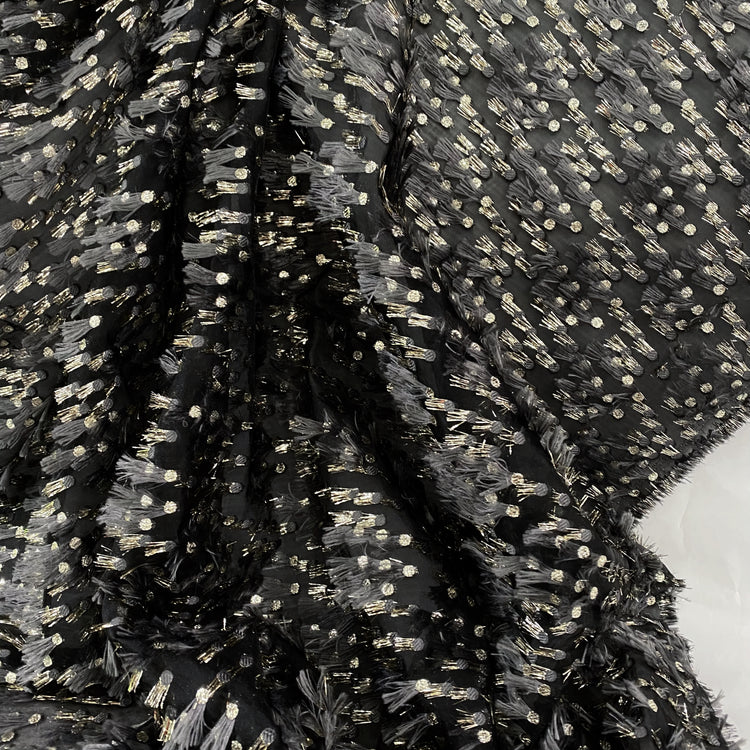 Organza Dobby - Metallic & Faux Fur Fringing - Black/Slate Grey