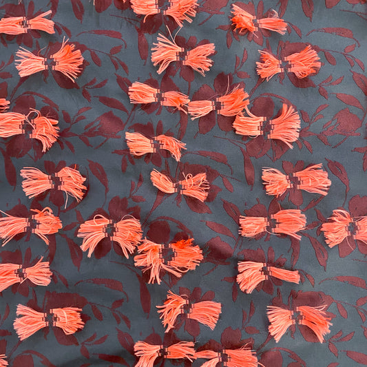 Fringed Floral Motif - Damask Jacquard - Black/Dark Red/Salmon