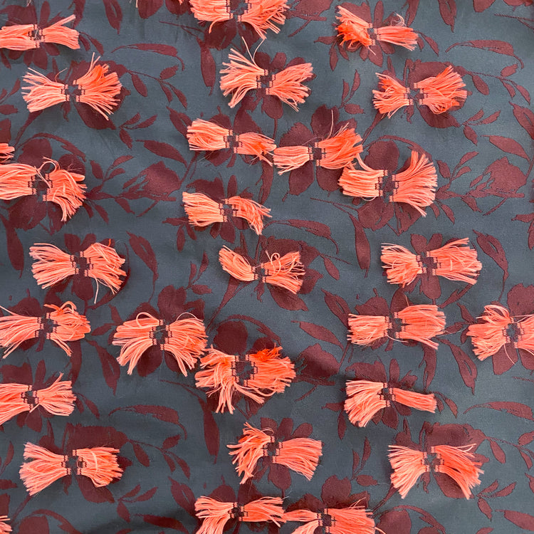 Fringed Floral Motif - Damask Jacquard - Black/Dark Red/Salmon