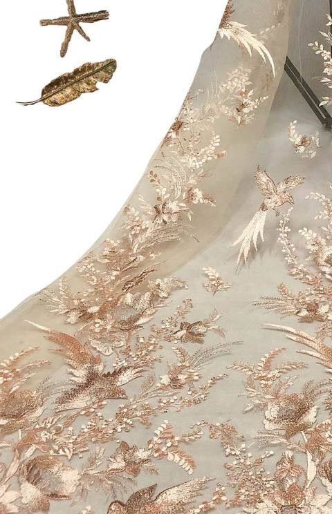 Birds of Spring Motif Embroidered Tulle - Rose Gold/Goldenrod