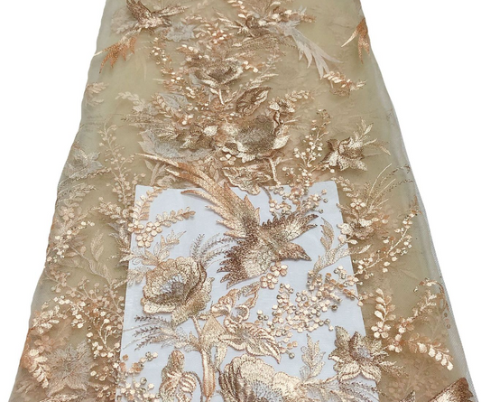 Birds of Spring Motif Embroidered Tulle - Rose Gold/Goldenrod