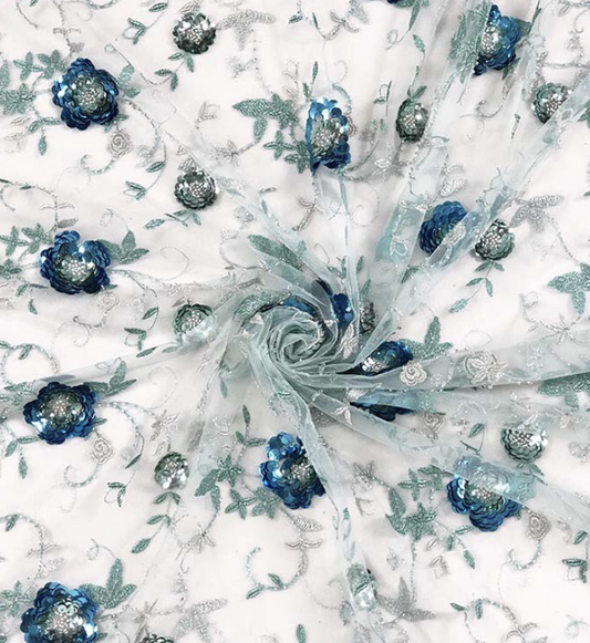 Floral Vine Motif Sequined Tulle - Aquamarine/Blue/Silver
