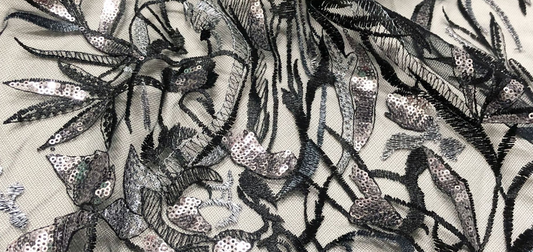 Embroidered Wetlands Bloom Motif Tulle - Beaded - Black/Silver/Nickel/Light Slate Grey