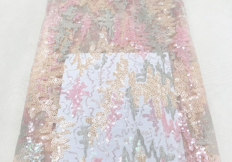 Sequin Embroidered Abstract Coral Motif Tulle - Powder Blue/Pastel Pink/Moccasin
