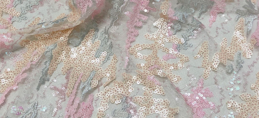 Sequin Embroidered Abstract Coral Motif Tulle - Powder Blue/Pastel Pink/Moccasin