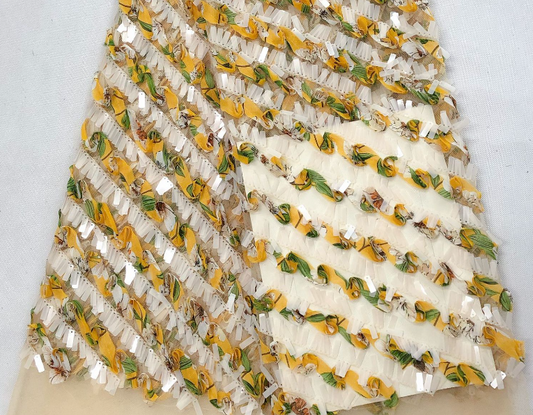 Draped Ribbon & Geometric Sequined Regimental Striped Tulle - White/Yellow/Moss Green