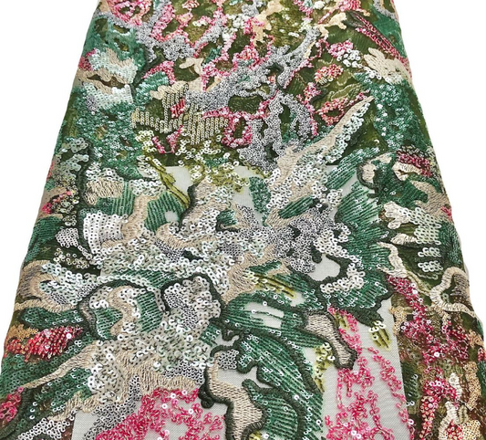 Spring Winds Motif Sequined Tulle - Salmon/Moss Green/Medium Sea Green