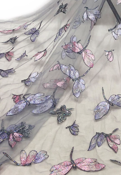 Embroidered Butterfly Motif Tulle - Lavender/Light Pink