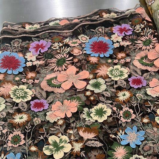 Flower Garden Embroidery Appliqué Motif Tulle - Black/Cornflower Blue/Pink/Thistle