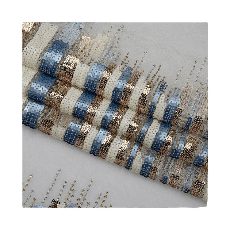 Abstract Staggered Tile Sequinned Tulle - Steel Blue/White