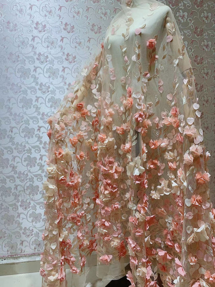 3D Rose Petal Embroidered Mesh - Salmon/Pink