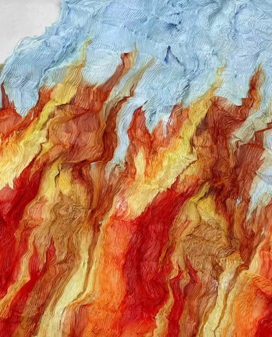 Flame Print Chiffon Plisse - Orange/Yellow/Red/Powder Blue