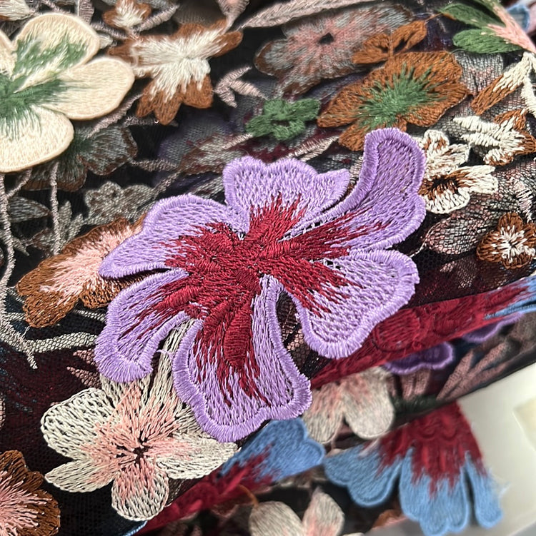 Flower Garden Embroidery Appliqué Motif Tulle - Black/Cornflower Blue/Pink/Thistle