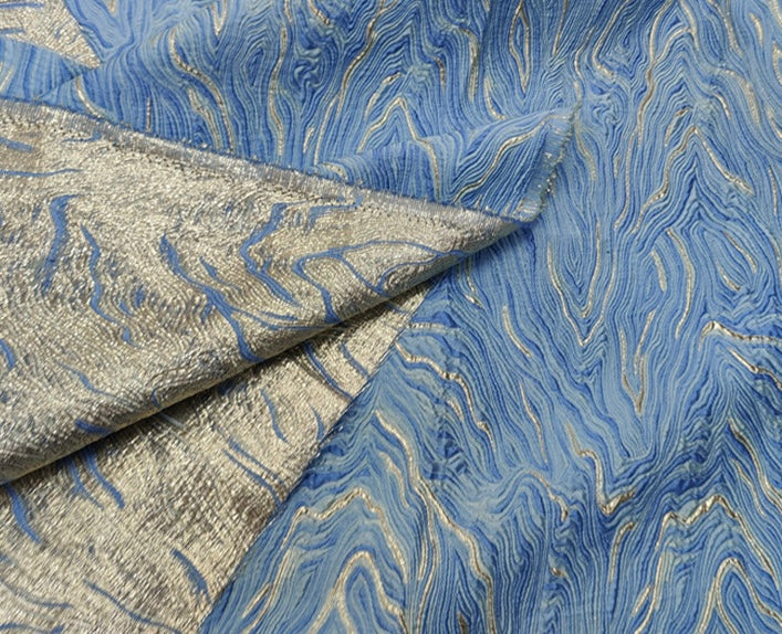 Contour Wave Brocade - Light Blue/Gold Metallic