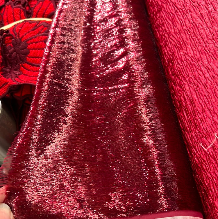 Brushed Metallic Long-Pile Velvet - Cherry