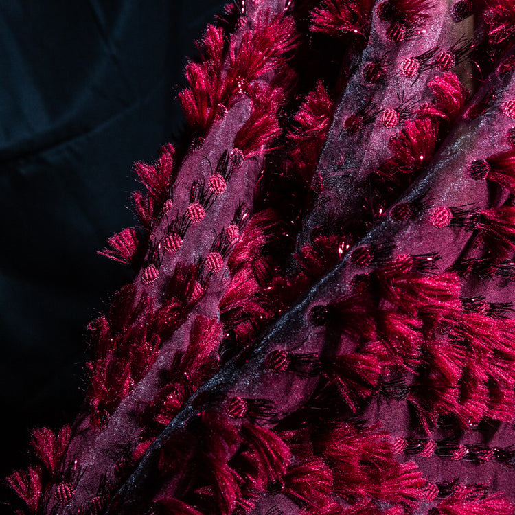 Organza Dobby - Metallic & Faux Fur Fringing - Dark Red