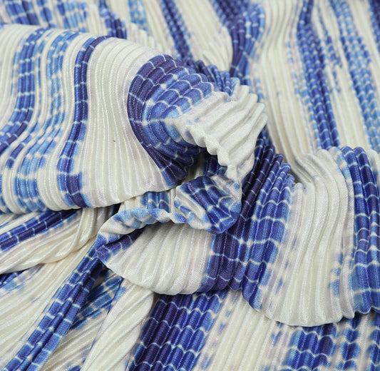 Shibori Stripe Motif Printed Satin Plisse - Cream/Blue