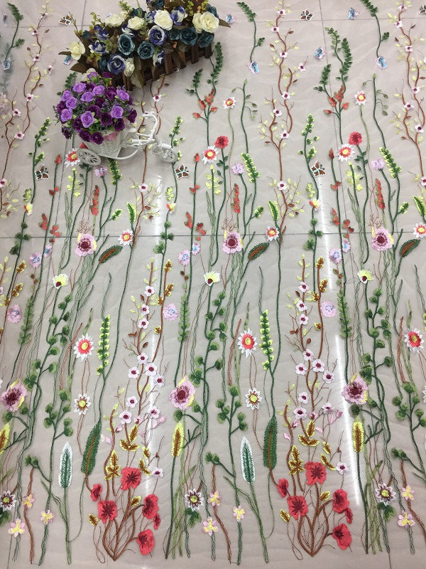 Wildflower Meadow Embroidered Tulle - Green/White