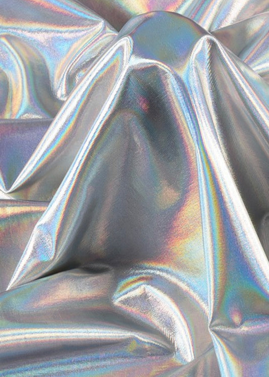 Holographic Foiled Stretch Knit - Two Way Stretch - Silver
